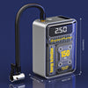 A silver portable digital air compressor unit with a black hose and various dimension markings.