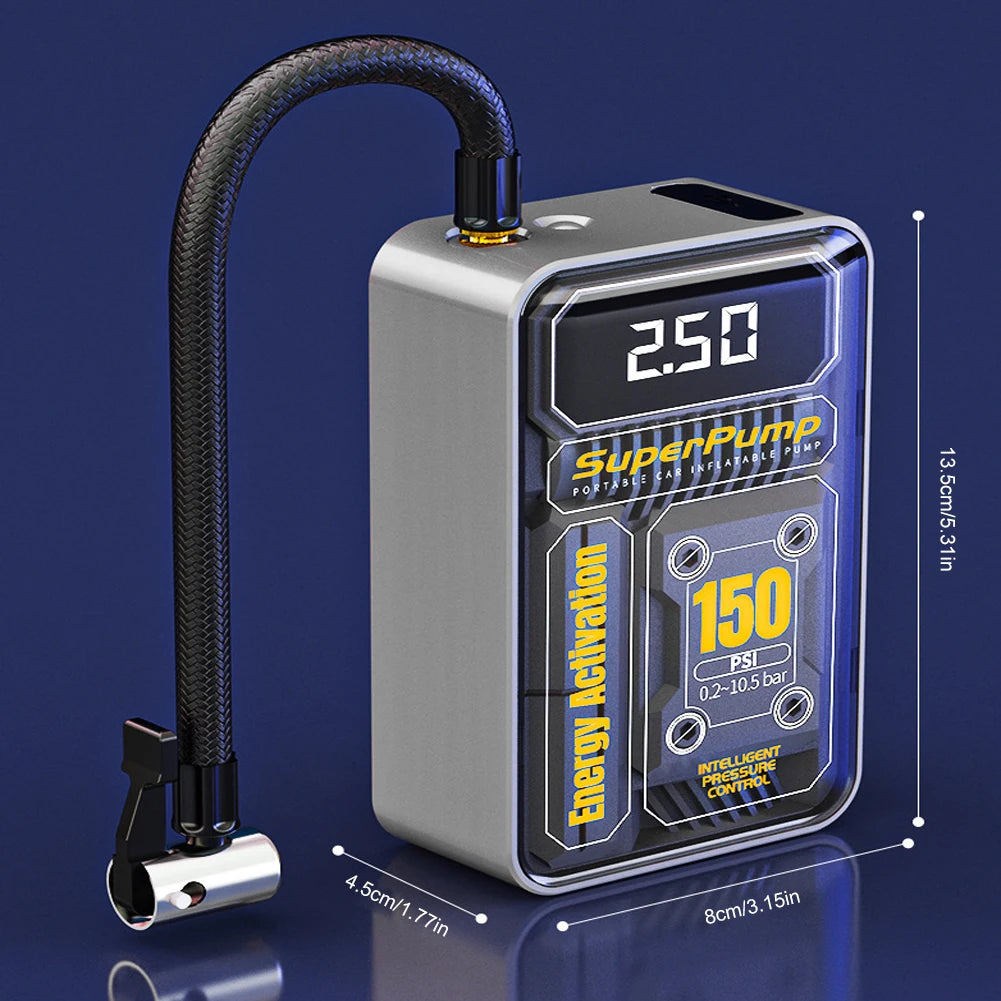 A silver portable digital air compressor unit with a black hose and various dimension markings.