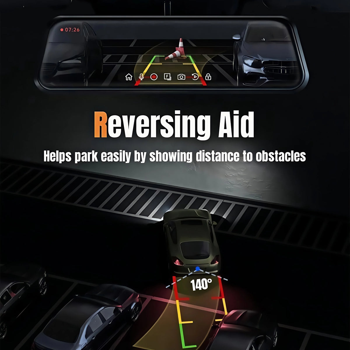 A car dash cam showing a reversing aid view with a camera angle and distance indicators on the road.