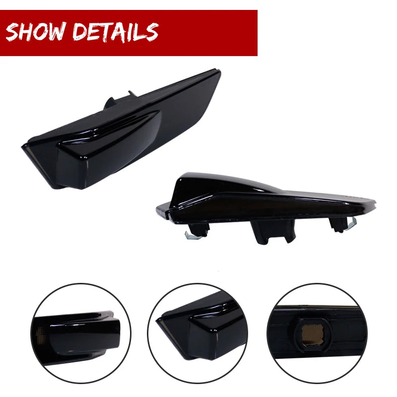 Black smoked lens side marker light housings for Infiniti G35 shown in various angles