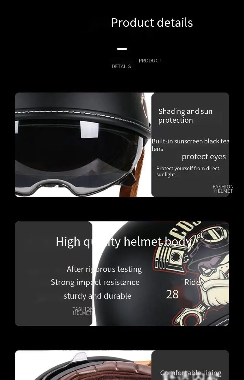 Schwarzer Vintage-Motorradhelm mit Schattierung, Sonnenschutz und robustem Aufbau.