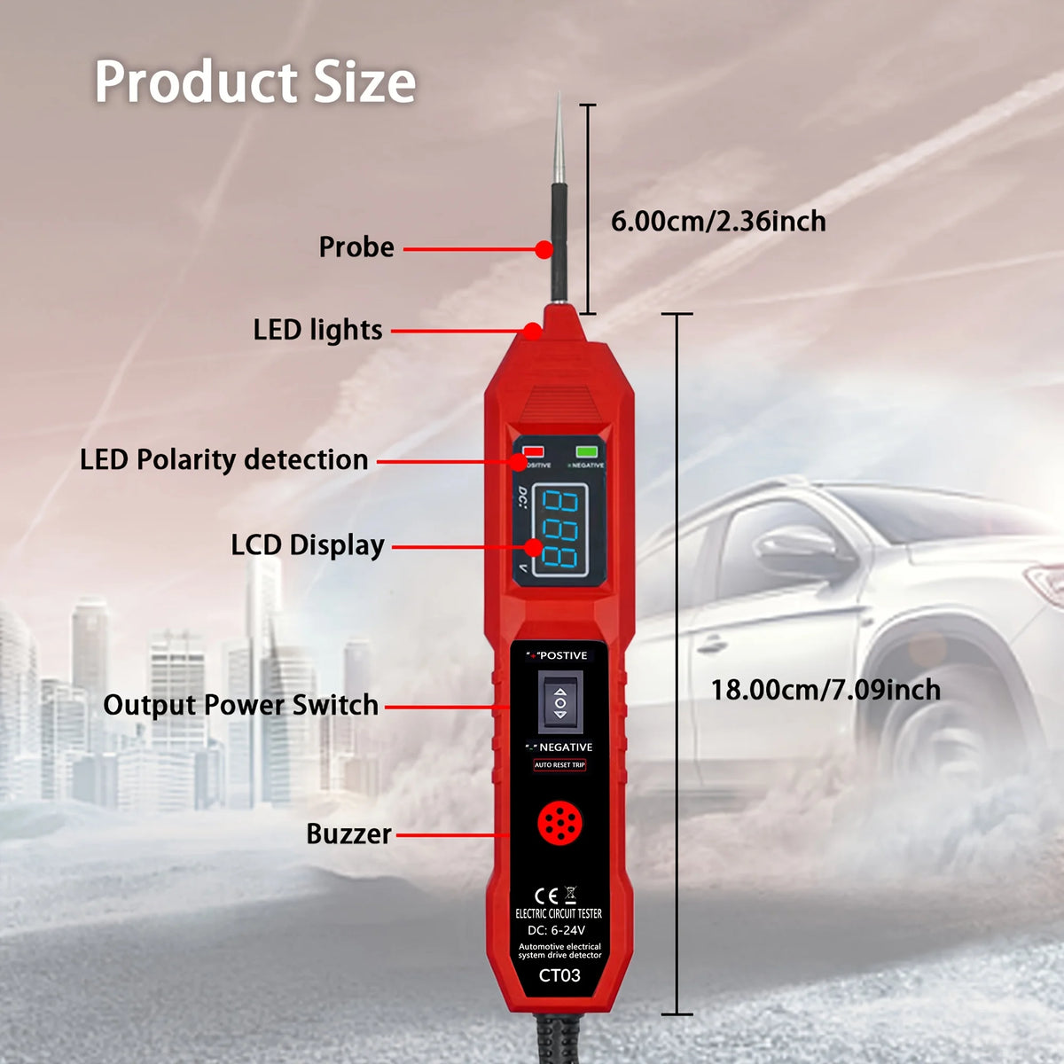Roter digitaler Auto-Schaltkreis-Tester mit Sonde, LED-Lichtern, LCD-Anzeige und Ausgangsschalter bei Schnee im Freien