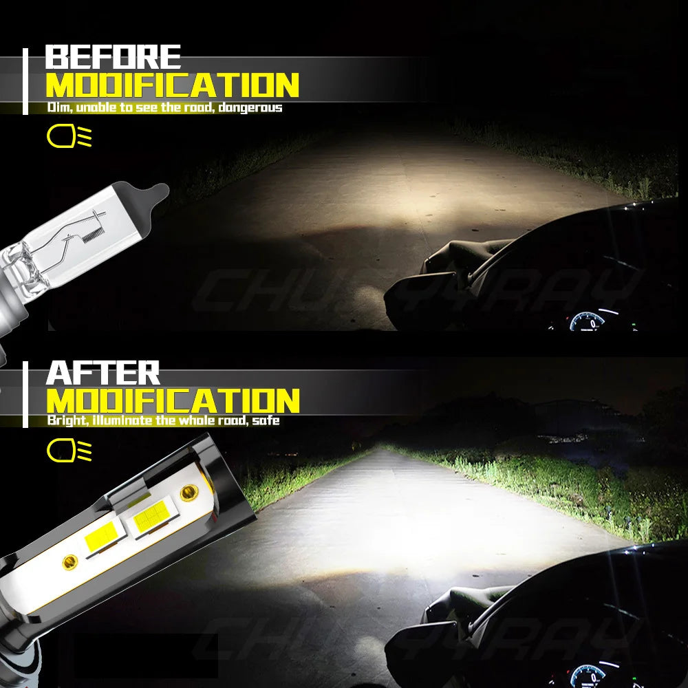 Before and after comparison of high-performance LED headlight bulbs illuminating a road.