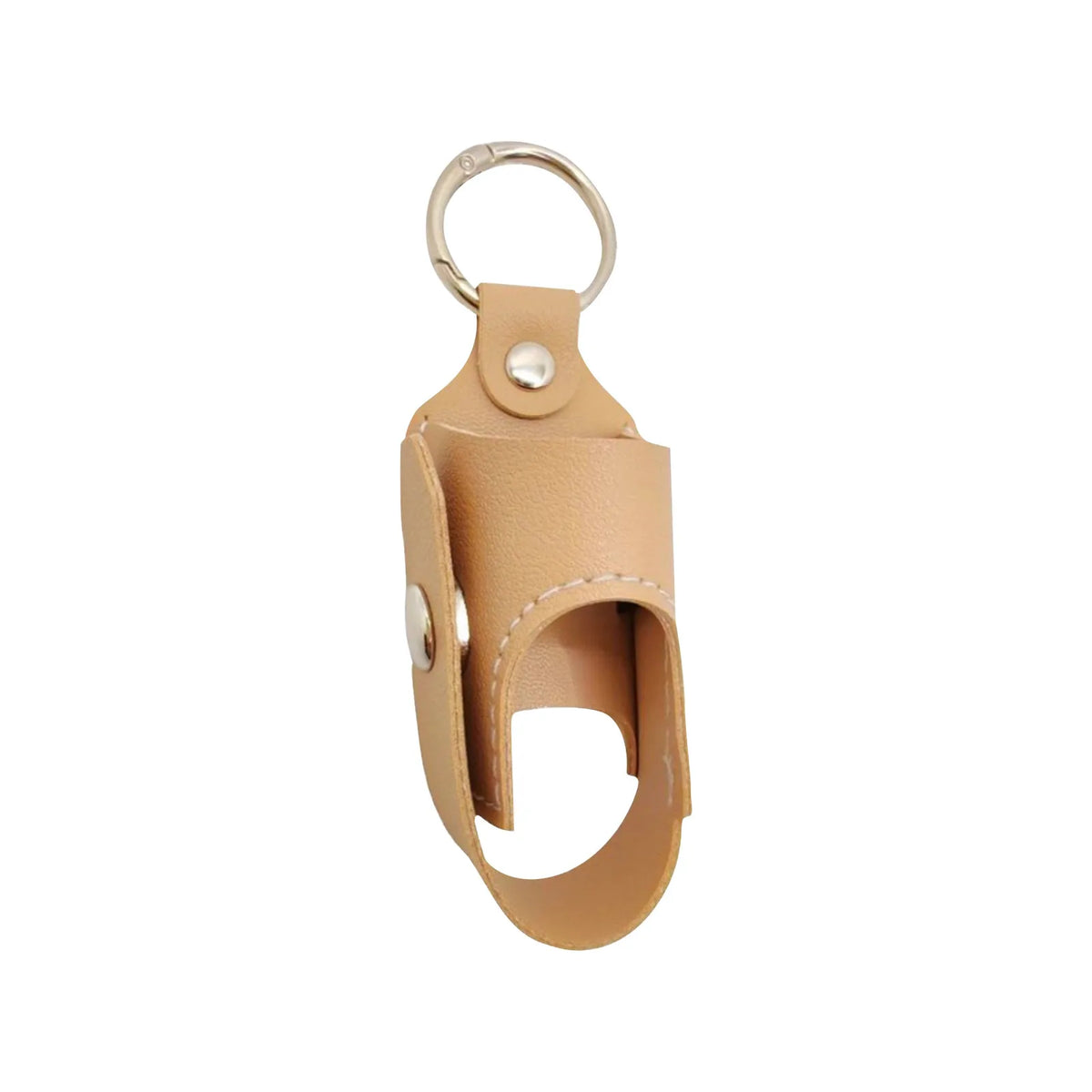 A tan leather storage case for a portable inhaler with a metal keychain ring.