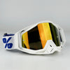 White off-road motorcycle riding goggles with yellow tinted lenses and blue percentage logo on the strap