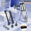A silver vacuum cleaner Pro Version with accessories and storage bag displayed on a white surface.