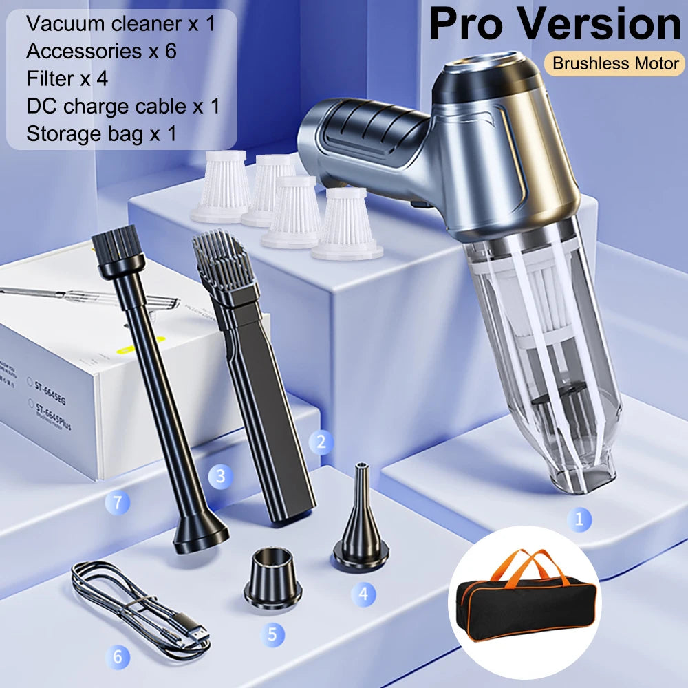 A silver vacuum cleaner Pro Version with accessories and storage bag displayed on a white surface.