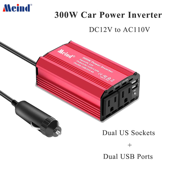 A red 300W car power inverter with dual US sockets and USB ports shown next to a black cable.