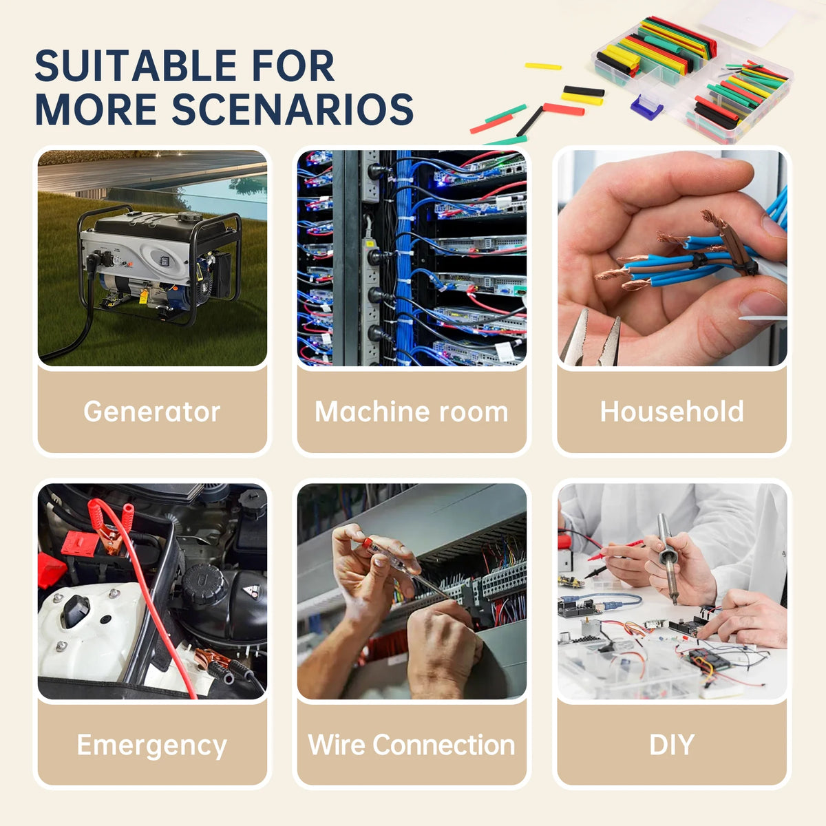 Heat shrink tubing kit shown in various applications including generator, machine room, household, emergency, wire connection