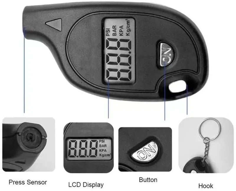 A black digital tire pressure gauge showing the press sensor, LCD display, button, and hook features.