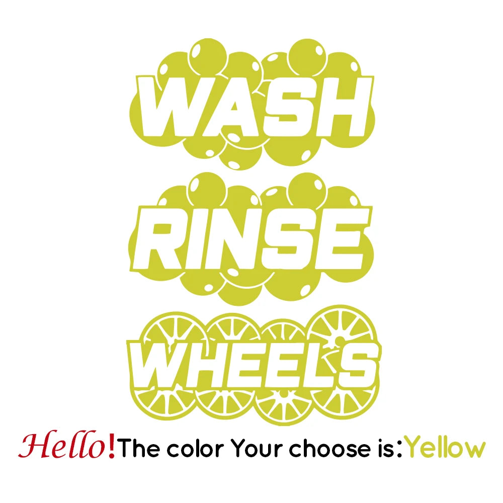 Yellow vinyl decal stickers for car detailing buckets with the words WASH RINSE WHEELS