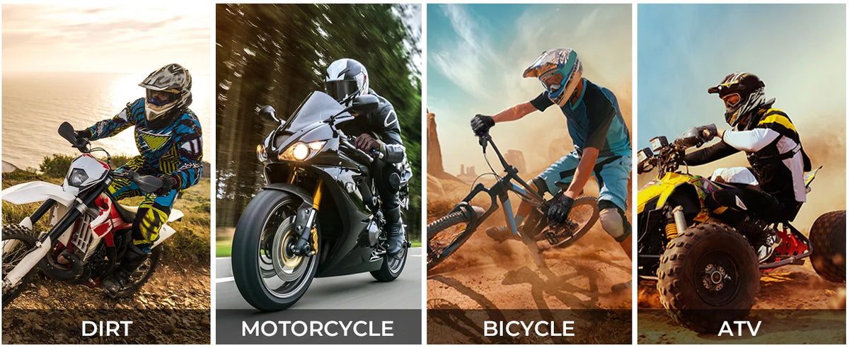 Four images showing motorcycle, bicycle, and ATV riding in dirt and outdoor environments.