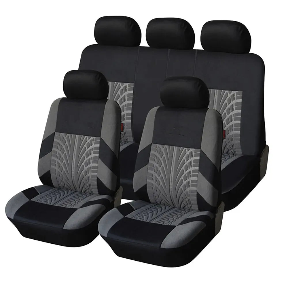 Black universal car seat covers for front and rear bench seats.