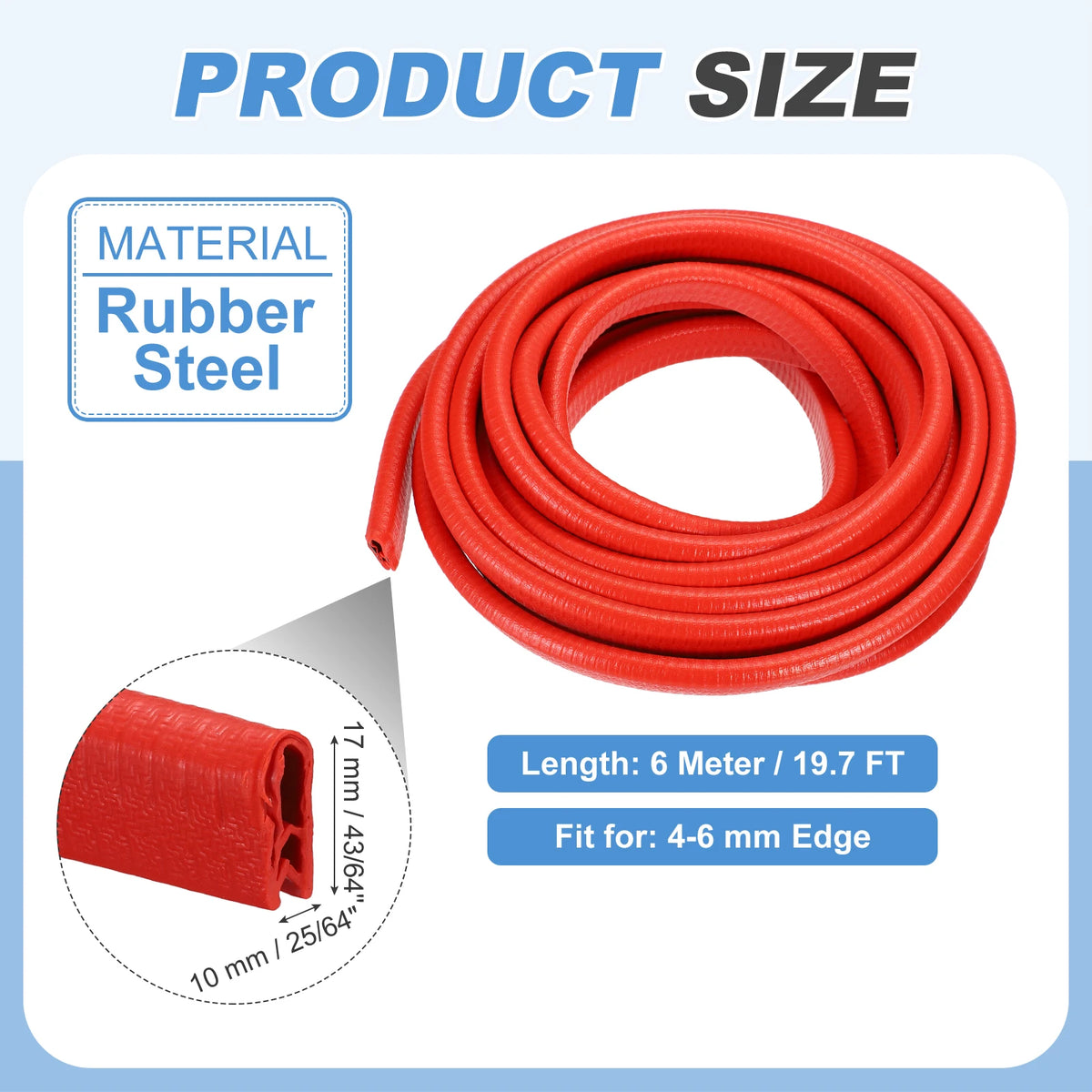 Una bobina de material de moldura de acero de goma roja con una longitud de 6 metros y apta para bordes de 4-6 mm.