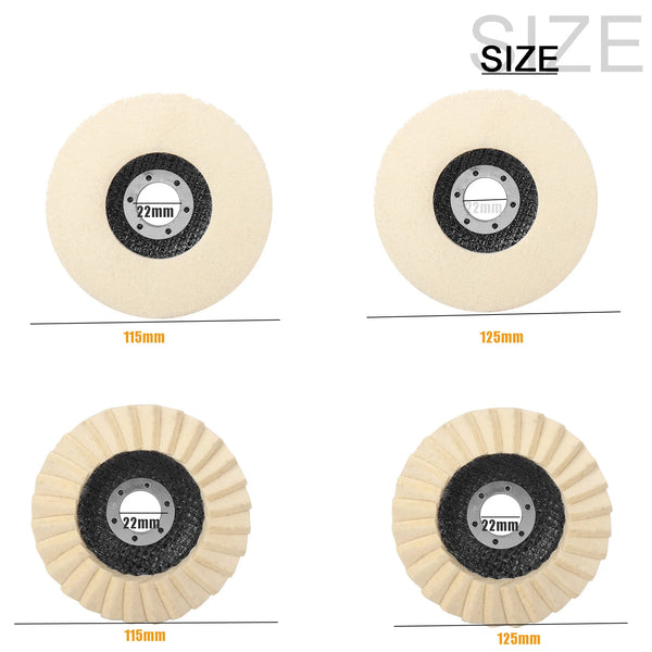 Two sets of precision wool polishing discs for metal and ceramic, shown in different diameters.