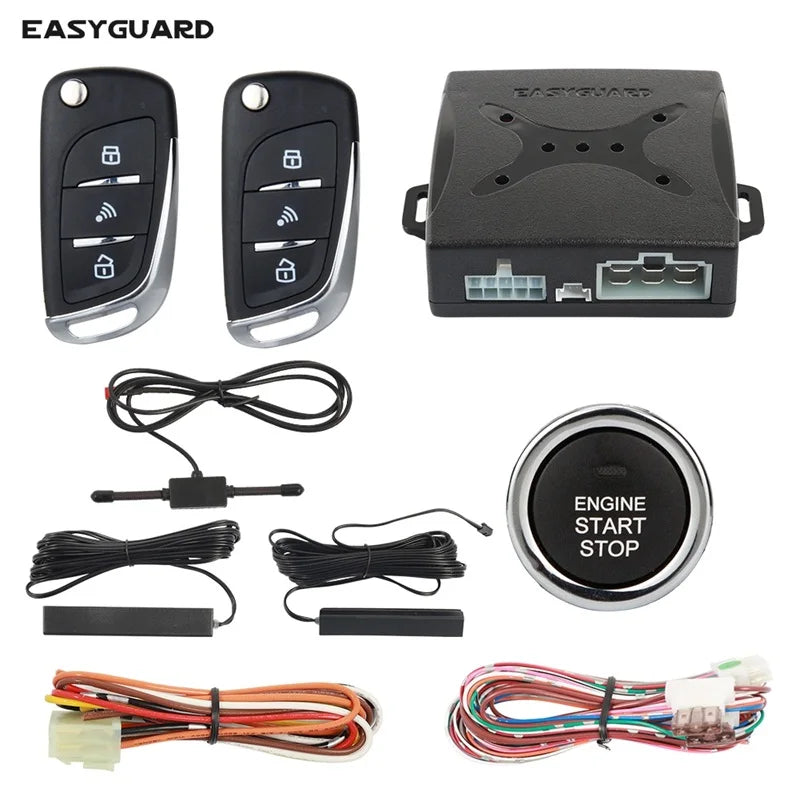 A set of remote engine start and keyless entry car alarm system components including a fob, a housing unit, and various wirin