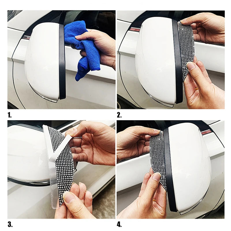 Four steps showing how to install a rhinestone car rain shield visor for a rearview mirror.