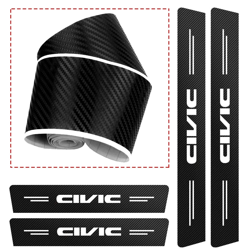 Black carbon fiber door sill protectors shown rolled and as individual strips