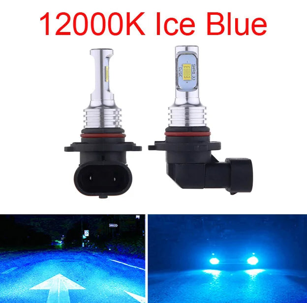 Pair of 12000K Ice Blue LED headlight bulbs for high-performance vehicles.