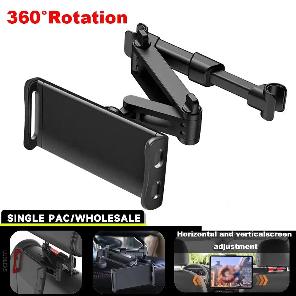 A black universal rotating car headrest phone and tablet mount with a 360 degree rotation feature.