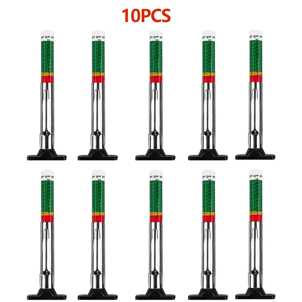 Ten precision tire tread depth gauges with black bases and green/red measurement scales.