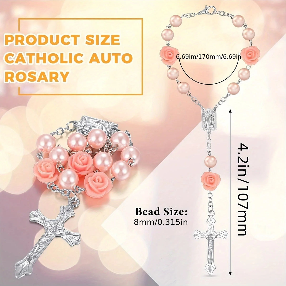 A pink and silver Catholic auto rosary featuring rose medals and beads for religious decoration.