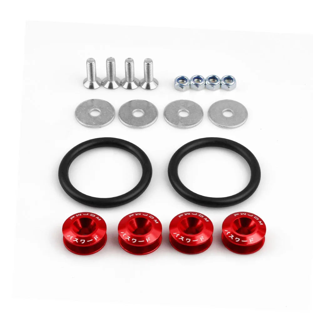 Set of aluminum quick release fasteners for bumpers, trunk, and hatch lids