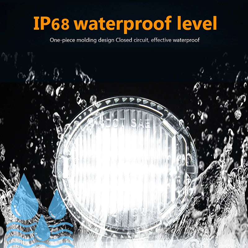 Close-up of an IP68 waterproof LED cargo trunk light being splashed by water droplets.