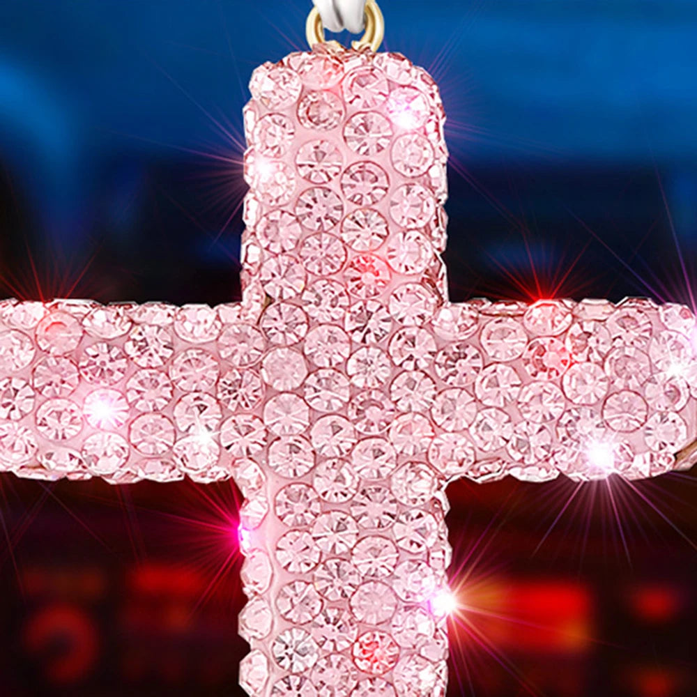 Pink crystal cross pendant ornament made of stainless steel for a rearview mirror