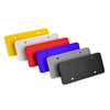 A collection of colorful silicone license plate frame covers in yellow, white, red, and purple, plus a black one.