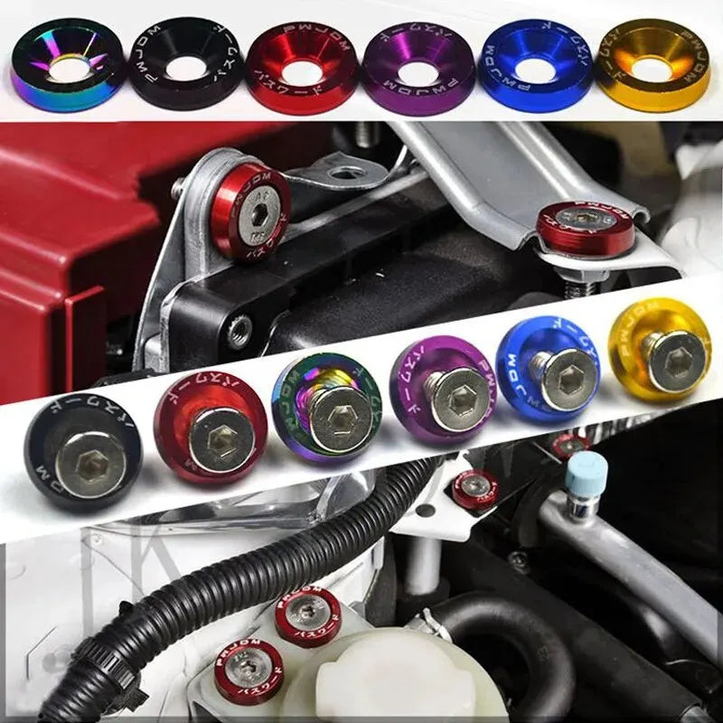 A collection of various aluminum fender washers and bolts in different colors and finishes for automotive use.