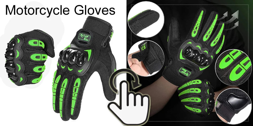 Various views of black and neon green motorcycle gloves, including a full pair and separate finger covers.
