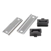 Chrome and black muffler hanger bracket kit for Harley touring models featuring a long metal plate and two black brackets