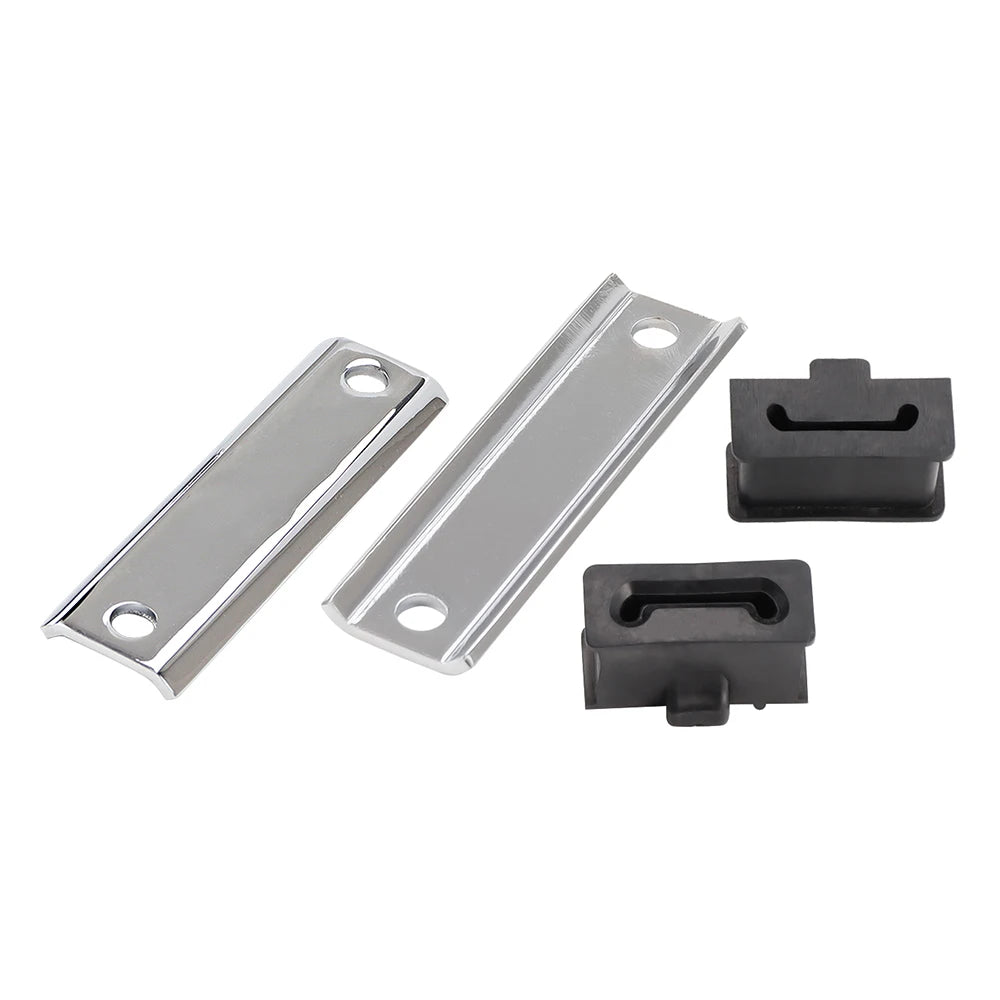 Chrome and black muffler hanger bracket kit for Harley touring models featuring a long metal plate and two black brackets