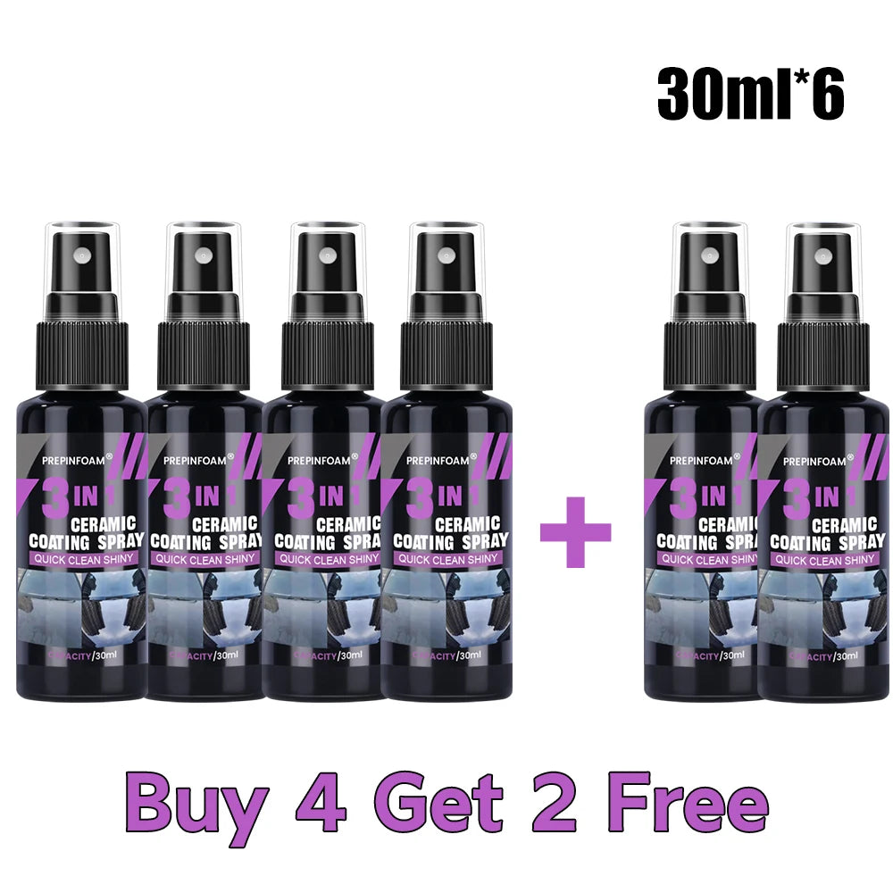 Six bottles of ceramic coating spray for vehicle protection with a buy four get two free offer