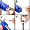 Four steps showing how to use an adjustable car gear shifter extension kit for shifting gears.