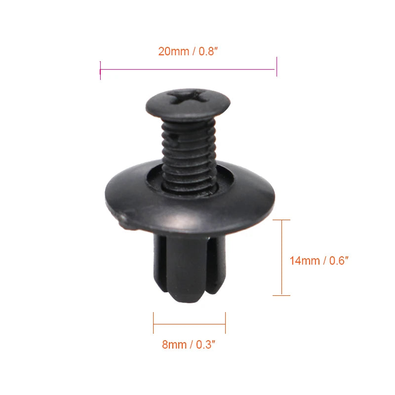 A black plastic fastener with a threaded shaft and a flat base, measuring 20mm in length.