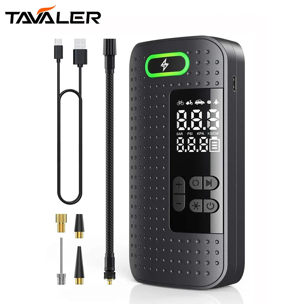 A black portable digital air compressor device with various nozzles and accessories is shown.