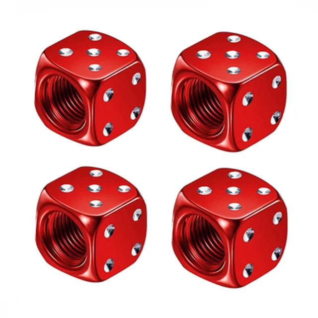 Set of four red hex aluminum alloy tire valve caps shown from above and below.