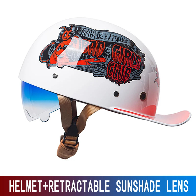 A white retro half helmet with a black graphic featuring the words Radio and Girls Club and a retractable sunglass lens.
