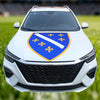 A white car hood decorated with a blue flag featuring gold fleur-de-lis symbols.