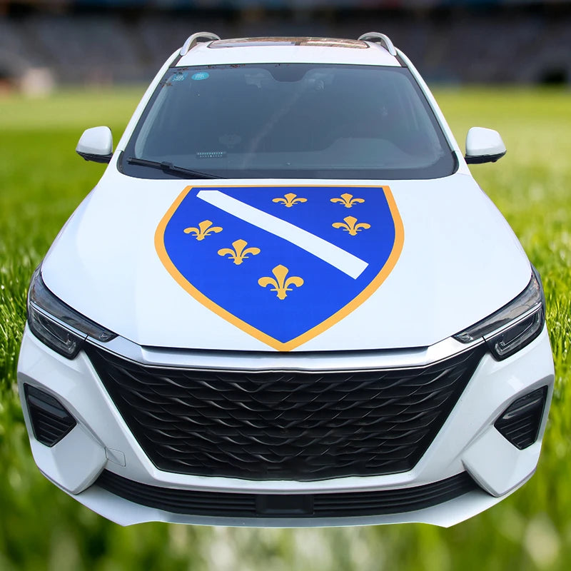 A white car hood decorated with a blue flag featuring gold fleur-de-lis symbols.