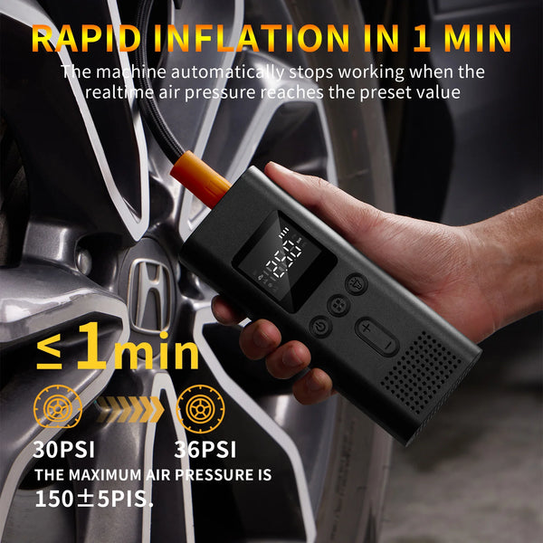 A hand holds a portable digital tire inflator device near a car wheel, demonstrating its automatic shut-off feature.