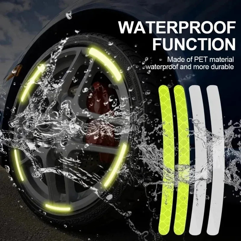 Nahaufnahme eines Auto-Rades, das wasserdichte Funktion mit gelbem Licht und langlebigem PET-Material zeigt.