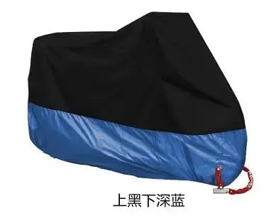 Black and blue waterproof cover for a motorbike, shown from the side.