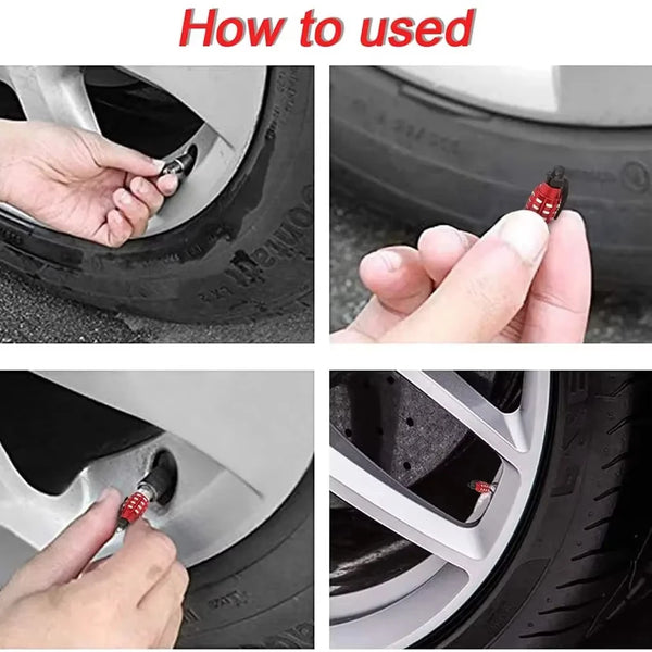 Instructions showing how to use an aluminum tire valve cap set on a car tire.