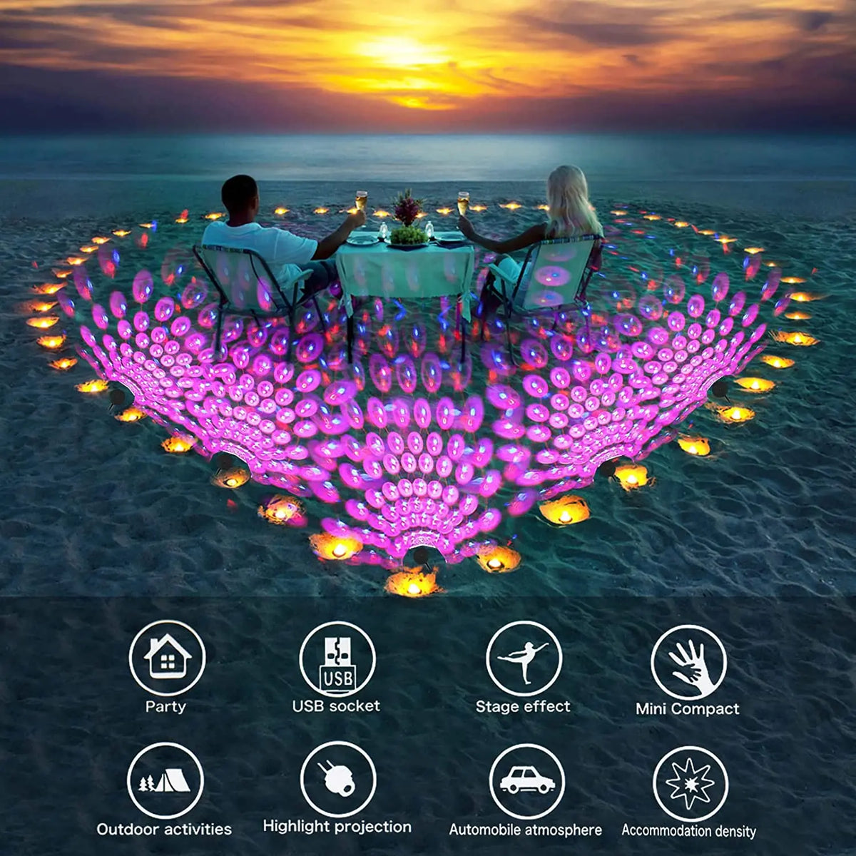 A multi-mode USB projection party light illuminating a heart shape with colorful lights against the ocean backdrop.