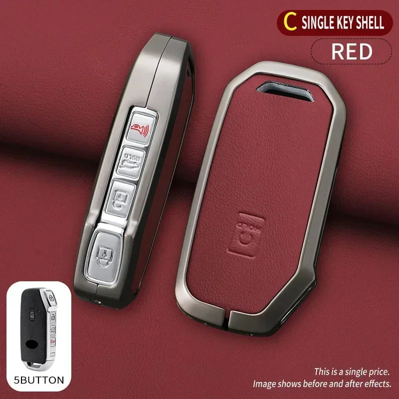 A red single key shell fob cover for a Kia vehicle, shown alongside the original 5-button key.