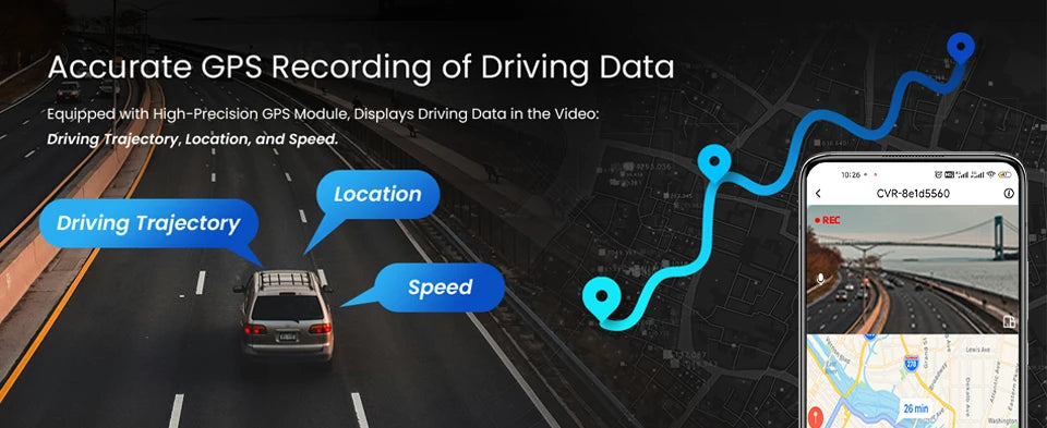 A demonstration of an accurate GPS recording system showing driving trajectory, location, and speed data on a video feed.