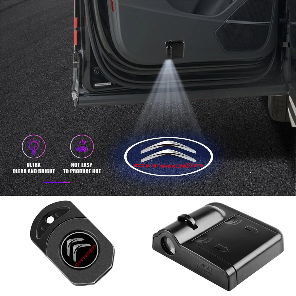 Wireless LED car door welcome light projector with a Citroën logo illuminating the ground